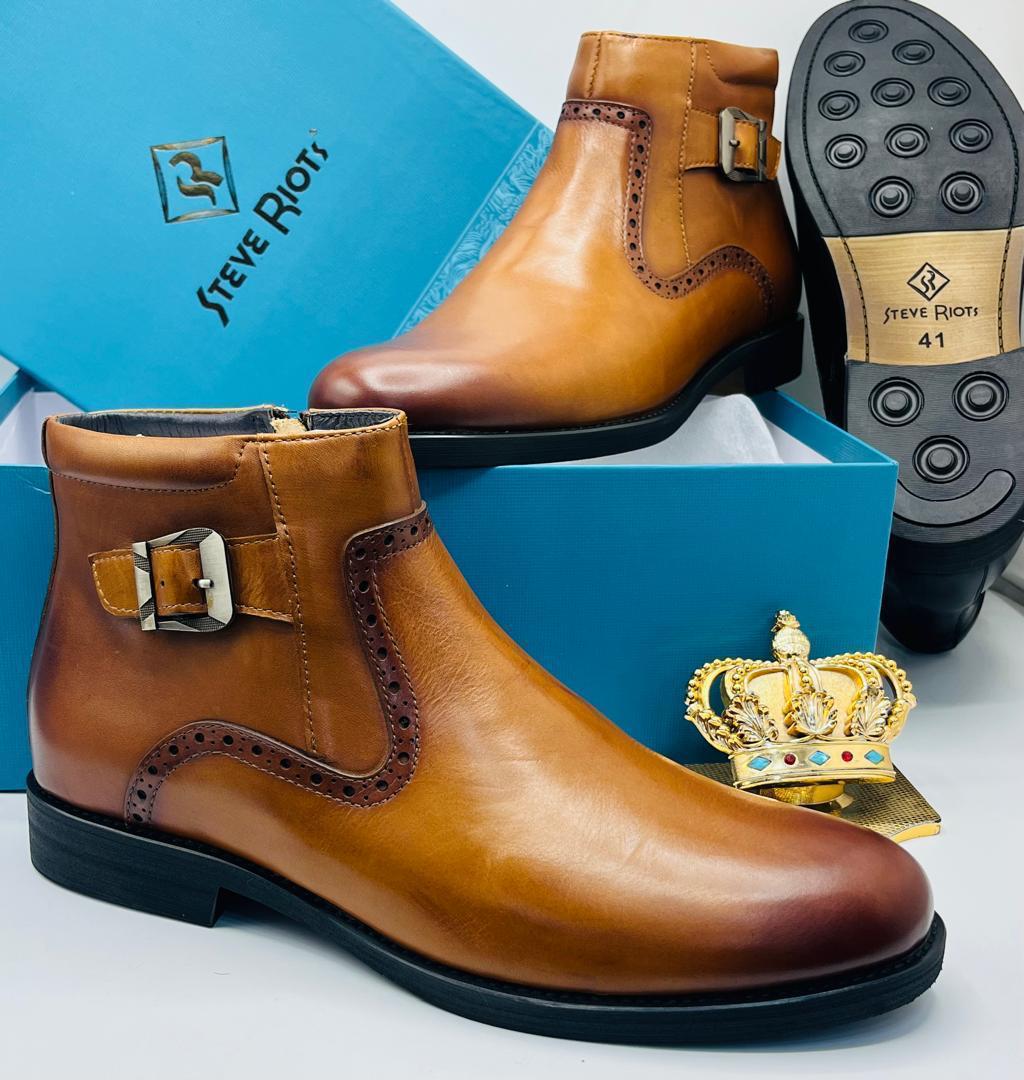 Steve Riots Buckle Brogue Ankle Boot - Tan Burnished Leather - image 1
